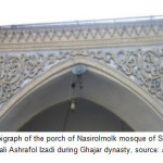 图10：Shiraz的Nasirolmolk Mosque Porch of Shiraz的一部分的部分，在Ghajar Dynasty期间，Abdolali Ashrafol Izadi的铭文来源：作者