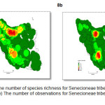 图8。a)基于网格细胞的伊朗Senecioneae部落物种丰富度数。b)基于网格单元的伊朗Senecioneae部落观测数。