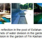 图6-从右到左:Esfahan Chehelsotoon花园水池中的倒影。(Javaherian, 2004) Chehelsotoon Esfahan花园的水划分渠道。Fin Kashan花园的分水渠道(Khansary等，2004)