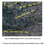 图4：2012年的卫星图像，向量显示了历史悠久的花园和农田的城市增长压力（来源：同上）