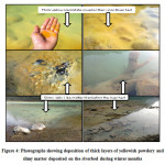 图四:照片显示在冬季，较厚的浅黄色粉状和粘稠物质沉积在河床上