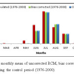 图1 1976-2000年控制期未校正RCM月平均、偏差校正RCM月平均与观测日降水量对比