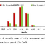 图3未来2046-2064年RCM模拟的逐日未校正降水和校正降水的月平均值比较