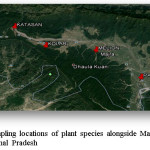 图1.地图显示植物物种的采样位置，沿着马拉帕·普拉德山脉的Markanda到Paonta National Highway（NH-7）
